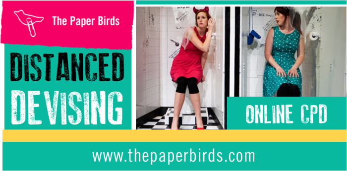 Distanced Devising image - showing two girls with their ears to a wall in a toilet from our show Thirsty